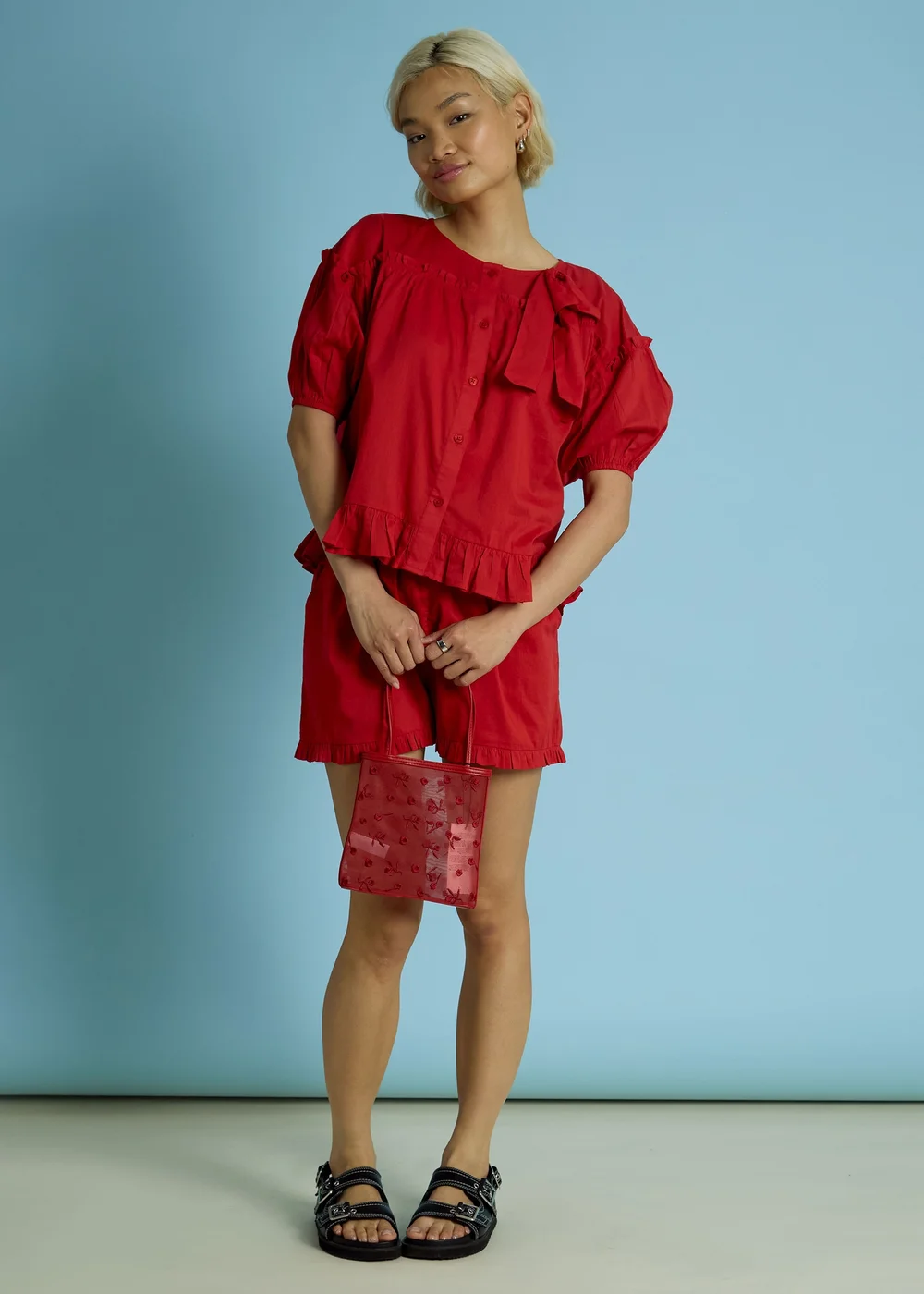 Neon Rose Red Bow Detail Puff Sleeve Blouse - S Image 4
