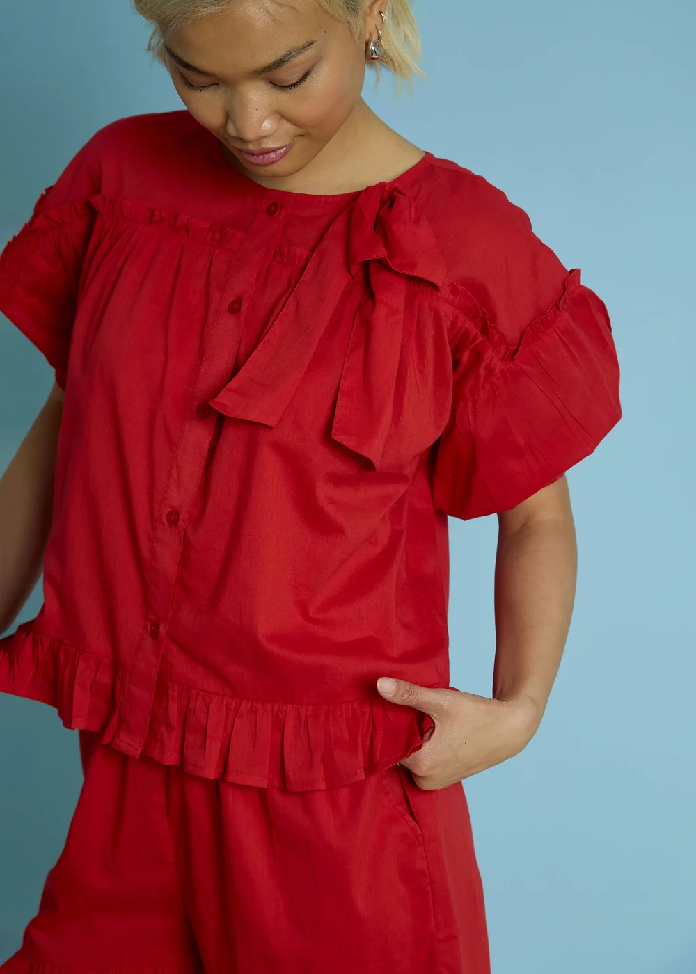 Neon Rose Red Bow Detail Puff Sleeve Blouse - S Image 3