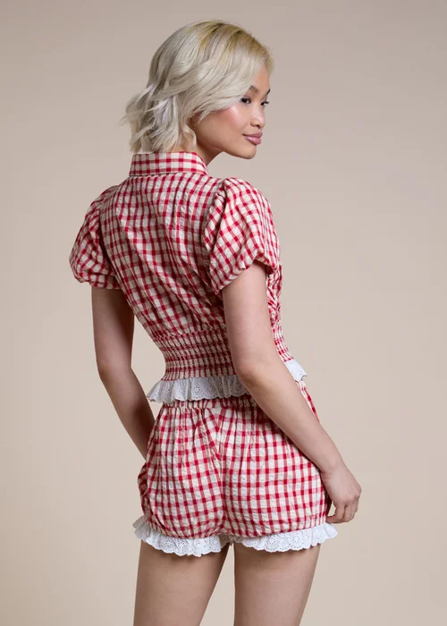 Neon Rose Red Cotton Gingham Seersucker Blouse - M Image 2
