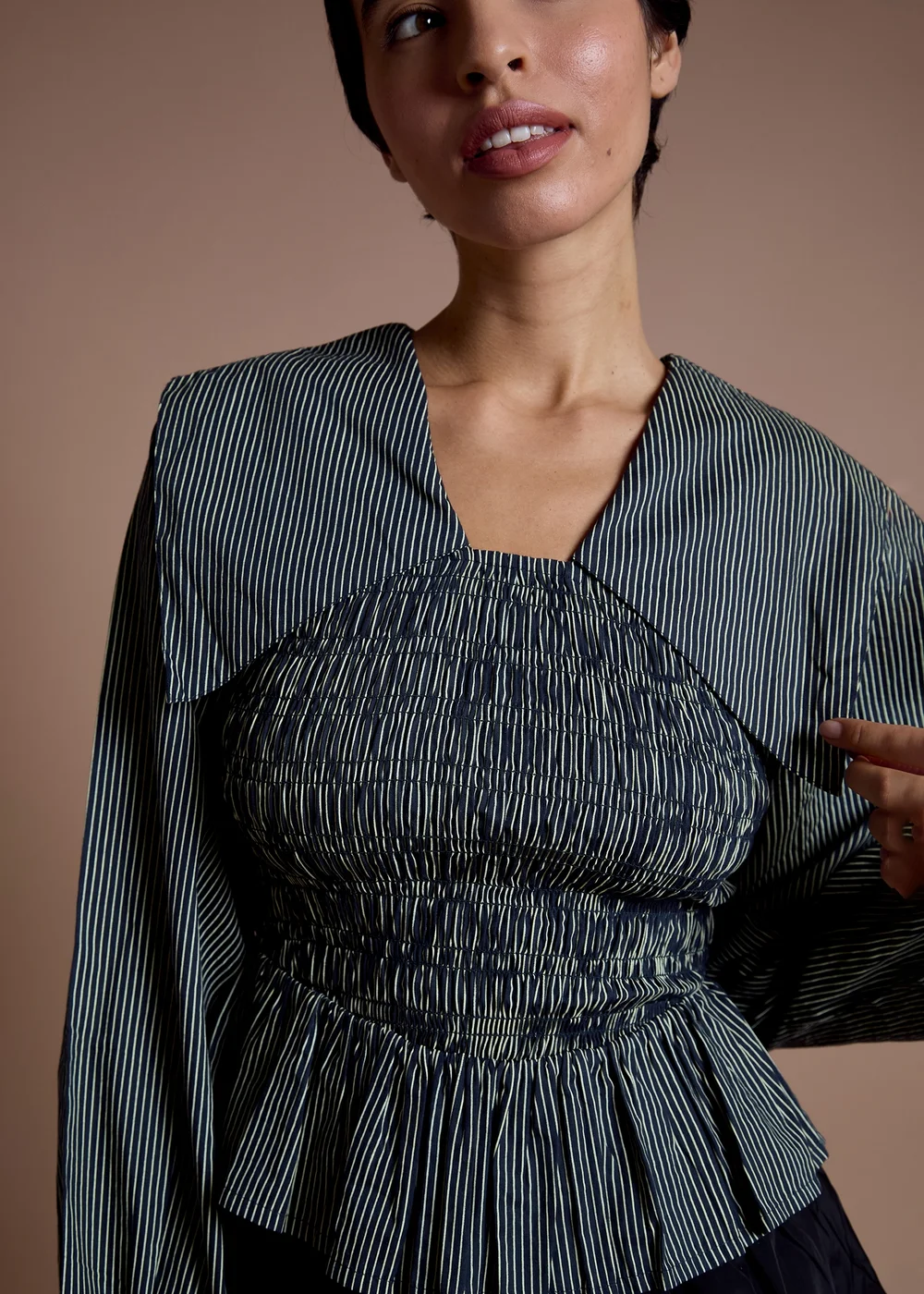 Neon Rose Navy Cotton Shirred Stripe Detail Top - XS Image 3