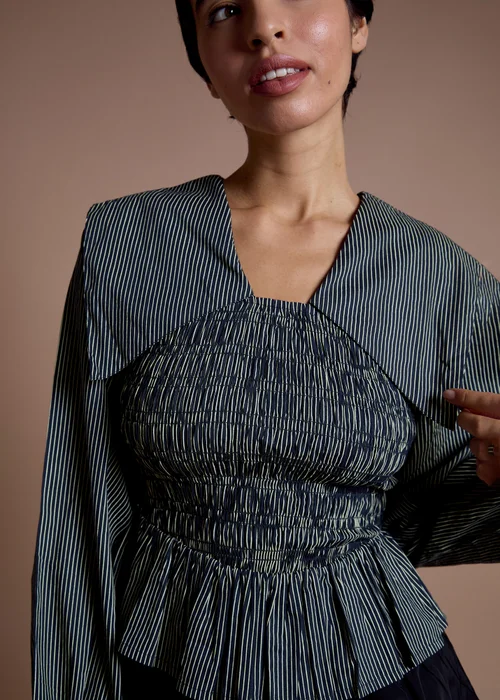 Neon Rose Navy Cotton Shirred Stripe Detail Top - XS Image 3