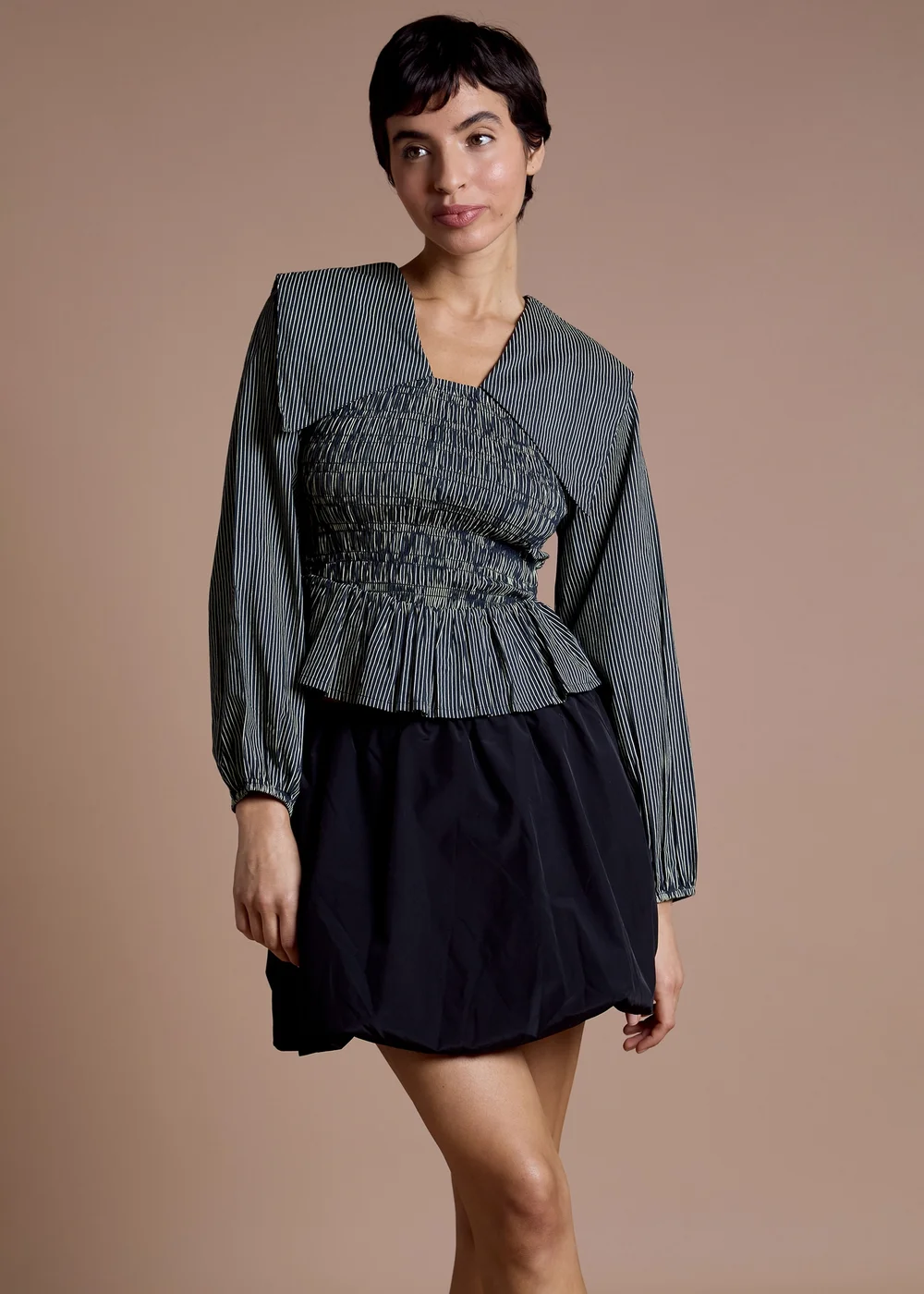 Neon Rose Navy Cotton Shirred Stripe Detail Top - XS Image 1