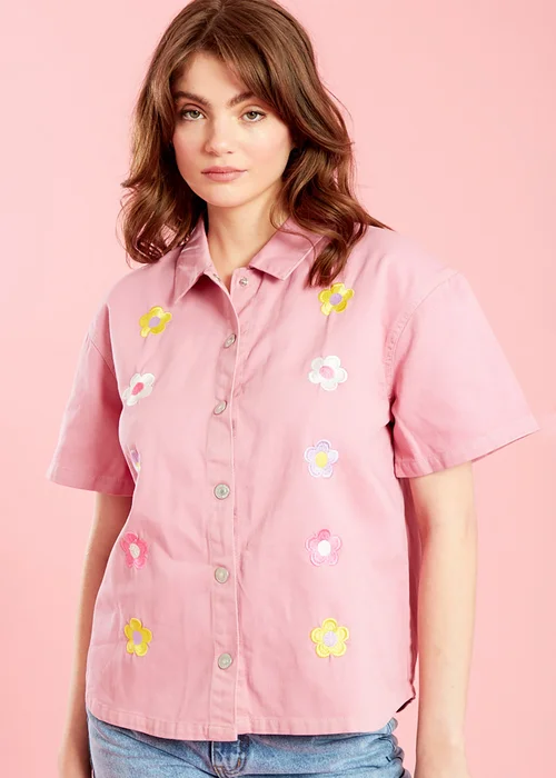 Neon Rose Dusty Pink Floral Embroidered Cotton Denim Shirt - XS Image 3