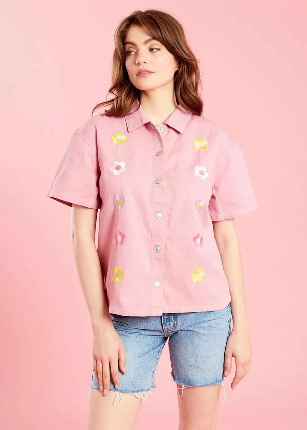 Neon Rose Dusty Pink Floral Embroidered Cotton Denim Shirt - XS Image 1