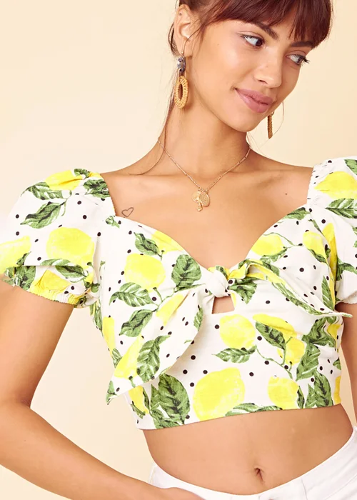Neon Rose Yellow Cotton Lemon Print Tie Front Crop Top - M Image 3