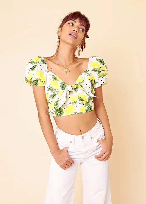 Neon Rose Yellow Cotton Lemon Print Tie Front Crop Top - M Image 1