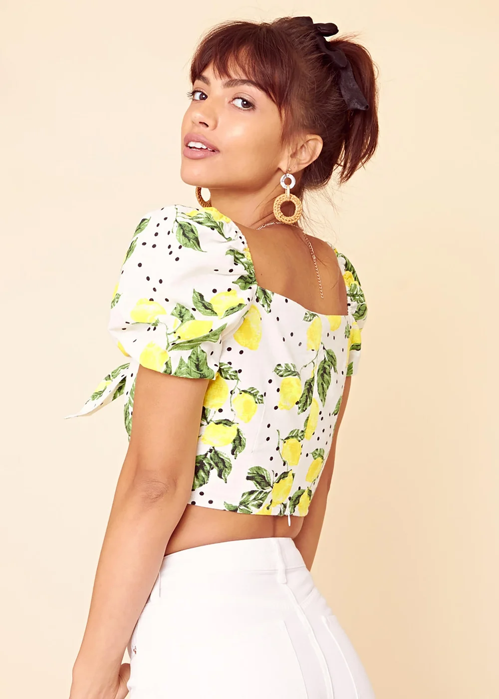 Neon Rose Yellow Cotton Lemon Print Tie Front Crop Top - M Image 2