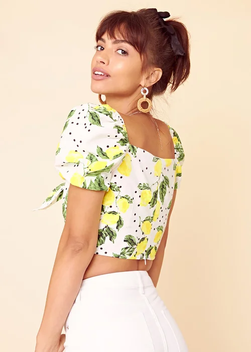 Neon Rose Yellow Cotton Lemon Print Tie Front Crop Top - M Image 2