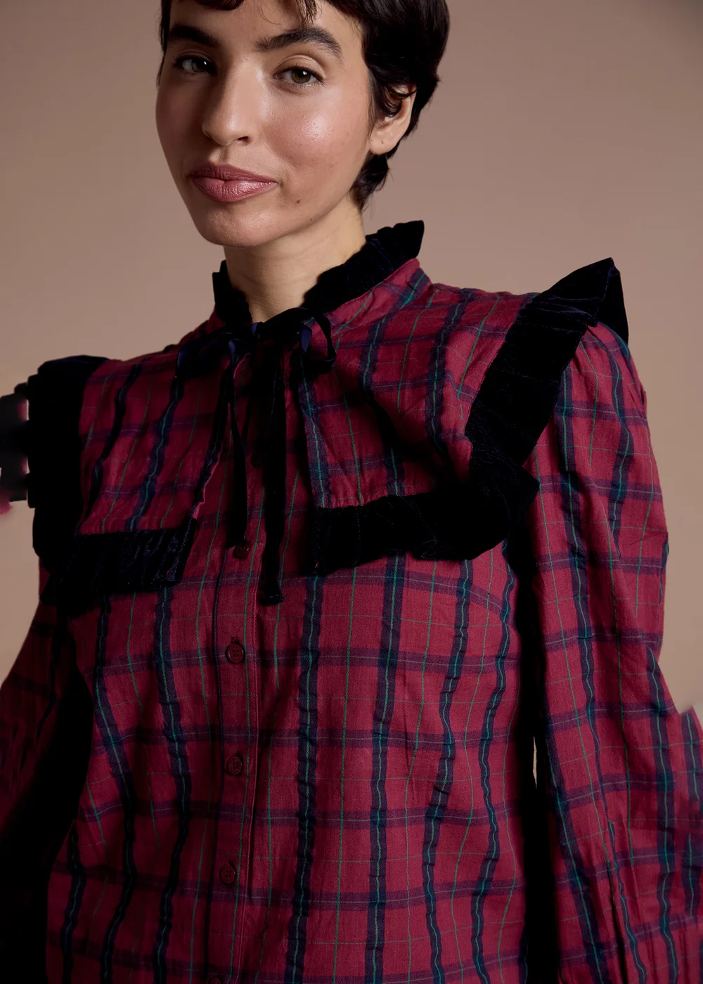 Neon Rose Burgundy Cotton Check Frill Detail Blouse - S Image 3