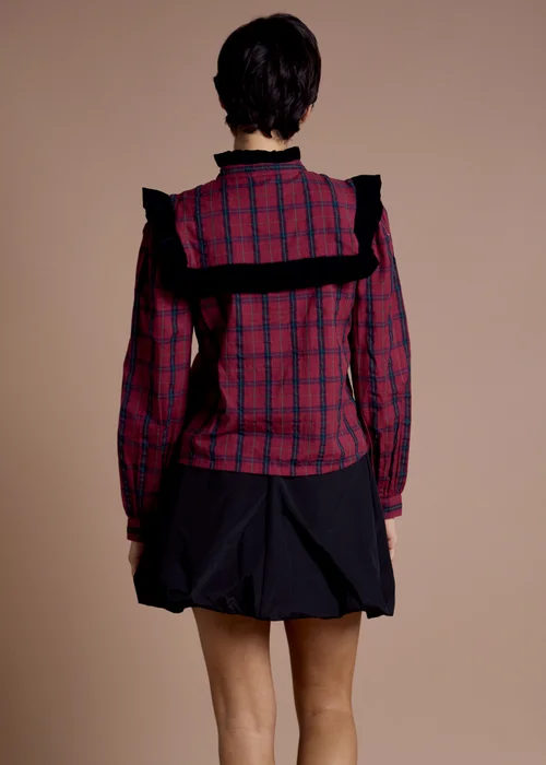 Neon Rose Burgundy Cotton Check Frill Detail Blouse - S Image 2