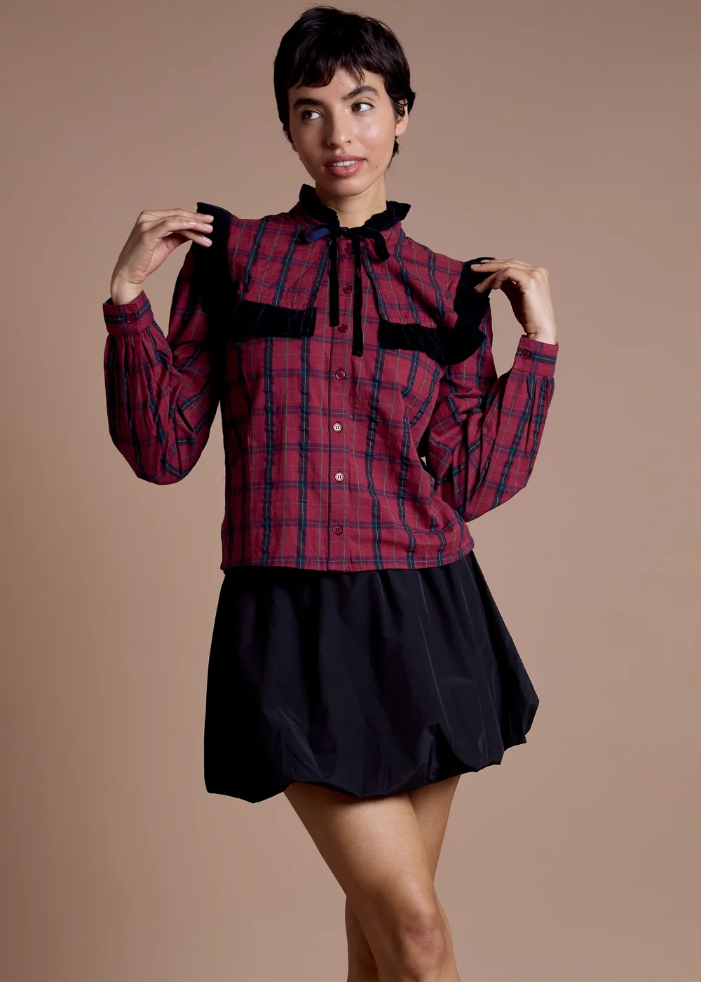 Neon Rose Burgundy Cotton Check Frill Detail Blouse - S Image 5
