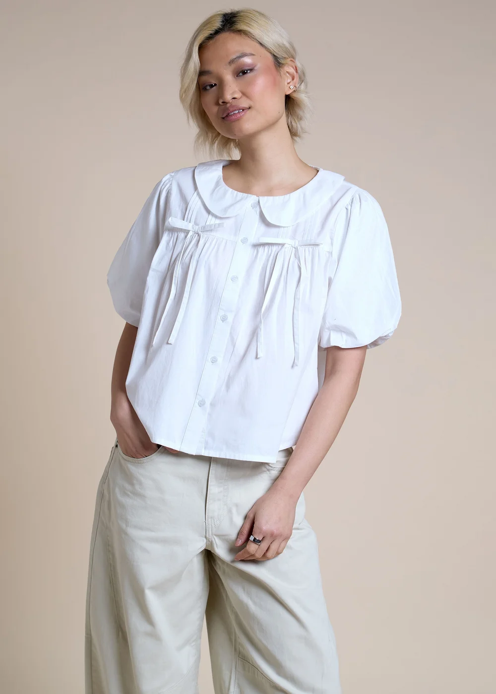 Neon Rose White Cotton Bow Detail Puff Sleeve Blouse - XL Image 1