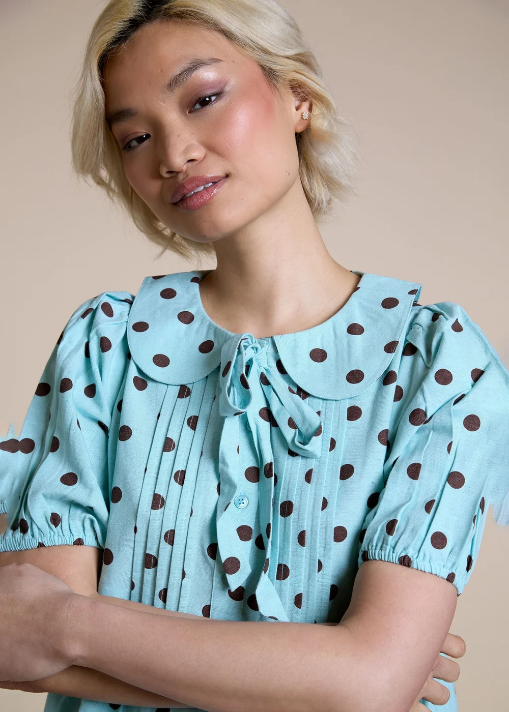 Neon Rose Blue Cotton Puff Sleeve Polka Dot Blouse - S Image 5