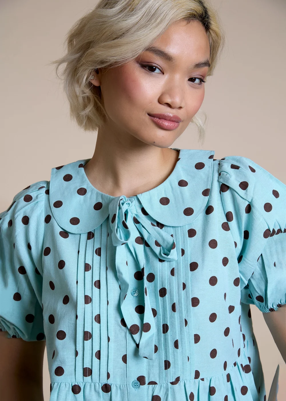Neon Rose Blue Cotton Puff Sleeve Polka Dot Blouse - S Image 3