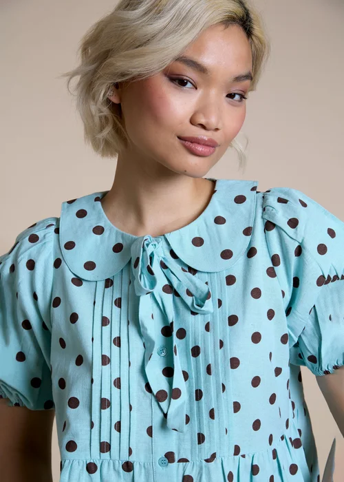 Neon Rose Blue Cotton Puff Sleeve Polka Dot Blouse - S Image 3