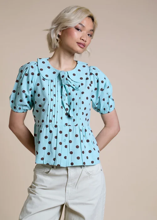 Neon Rose Blue Cotton Puff Sleeve Polka Dot Blouse - S Image 1