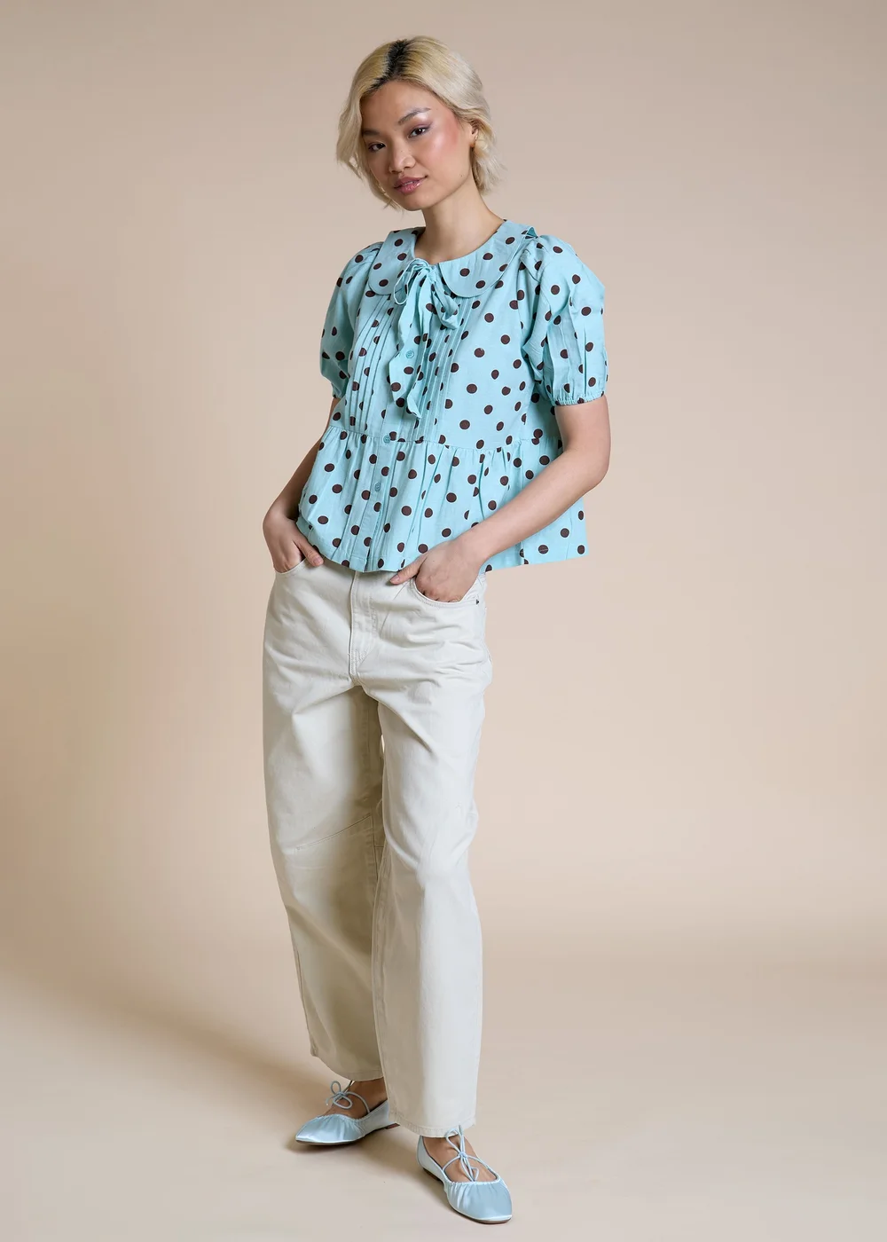 Neon Rose Blue Cotton Puff Sleeve Polka Dot Blouse - S Image 4