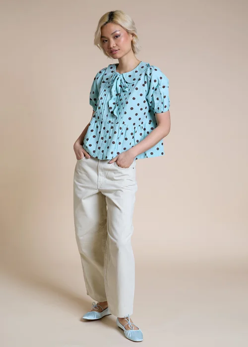 Neon Rose Blue Cotton Puff Sleeve Polka Dot Blouse - S Image 4