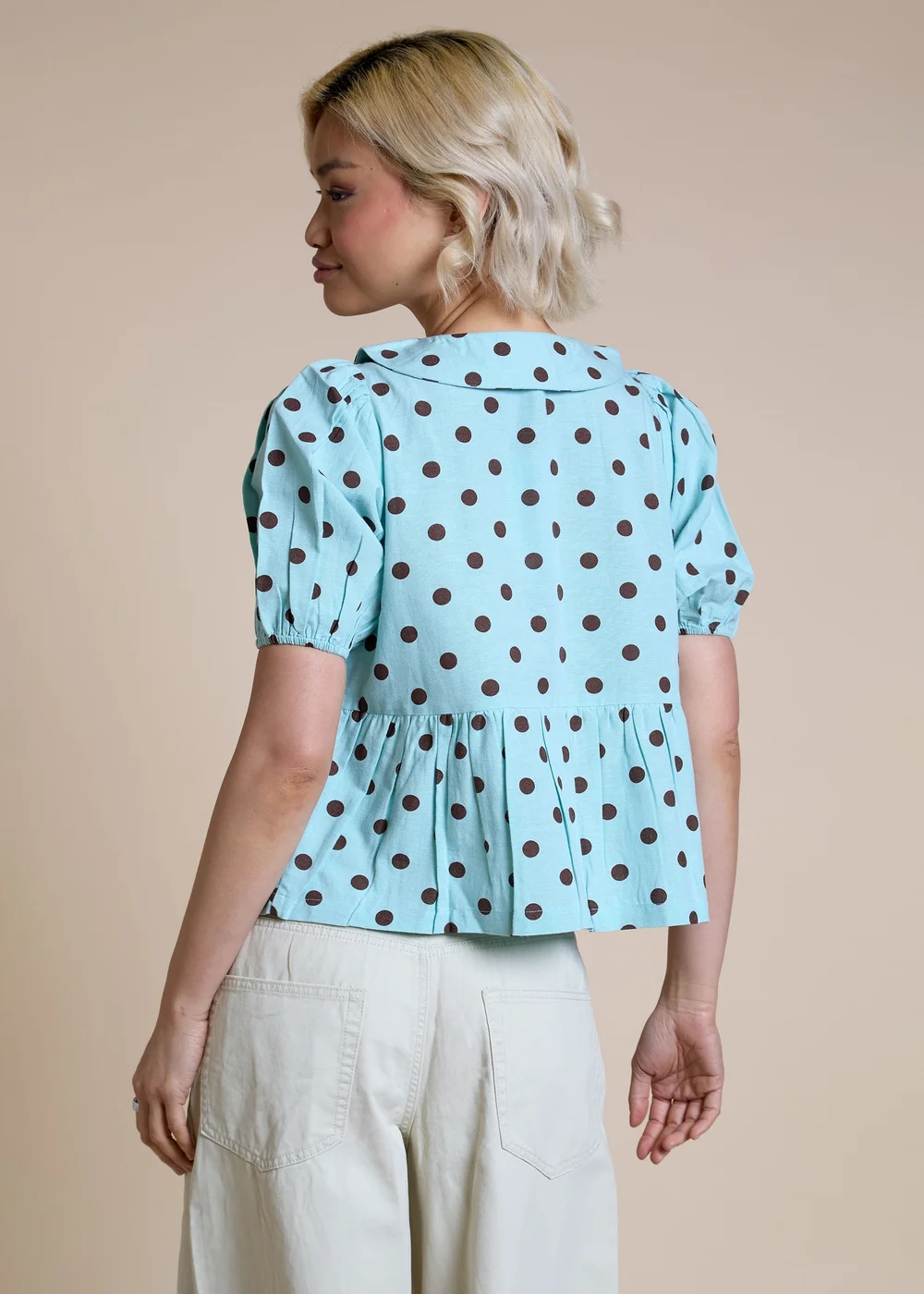 Neon Rose Blue Cotton Puff Sleeve Polka Dot Blouse - S Image 2