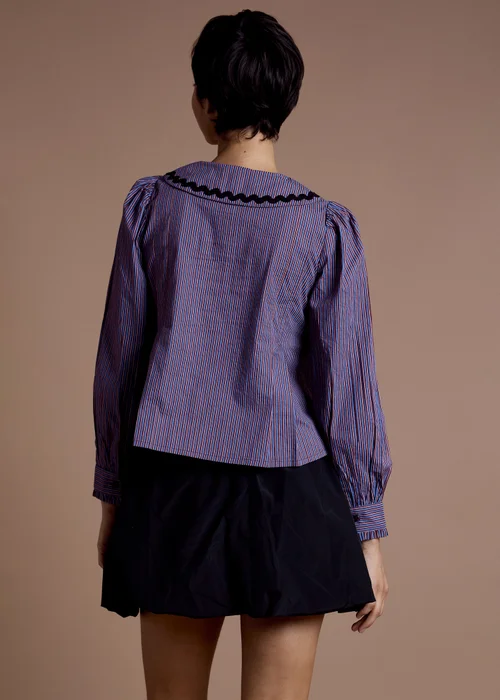 Neon Rose Blue Cotton Striped Frill Detail Blouse - XS Image 2