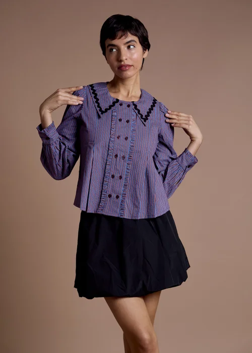 Neon Rose Blue Cotton Striped Frill Detail Blouse - XS Image 1