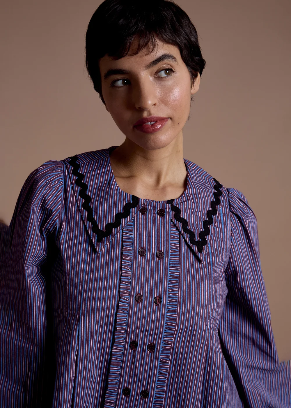 Neon Rose Blue Cotton Striped Frill Detail Blouse - XS Image 3