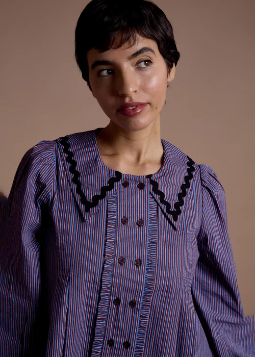 Neon Rose Blue Cotton Striped Frill Detail Blouse - XS Image 3