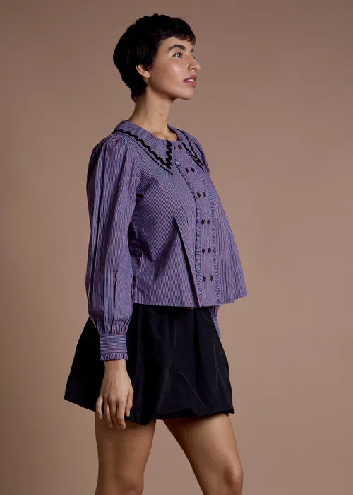 Neon Rose Blue Cotton Striped Frill Detail Blouse - XS Image 5