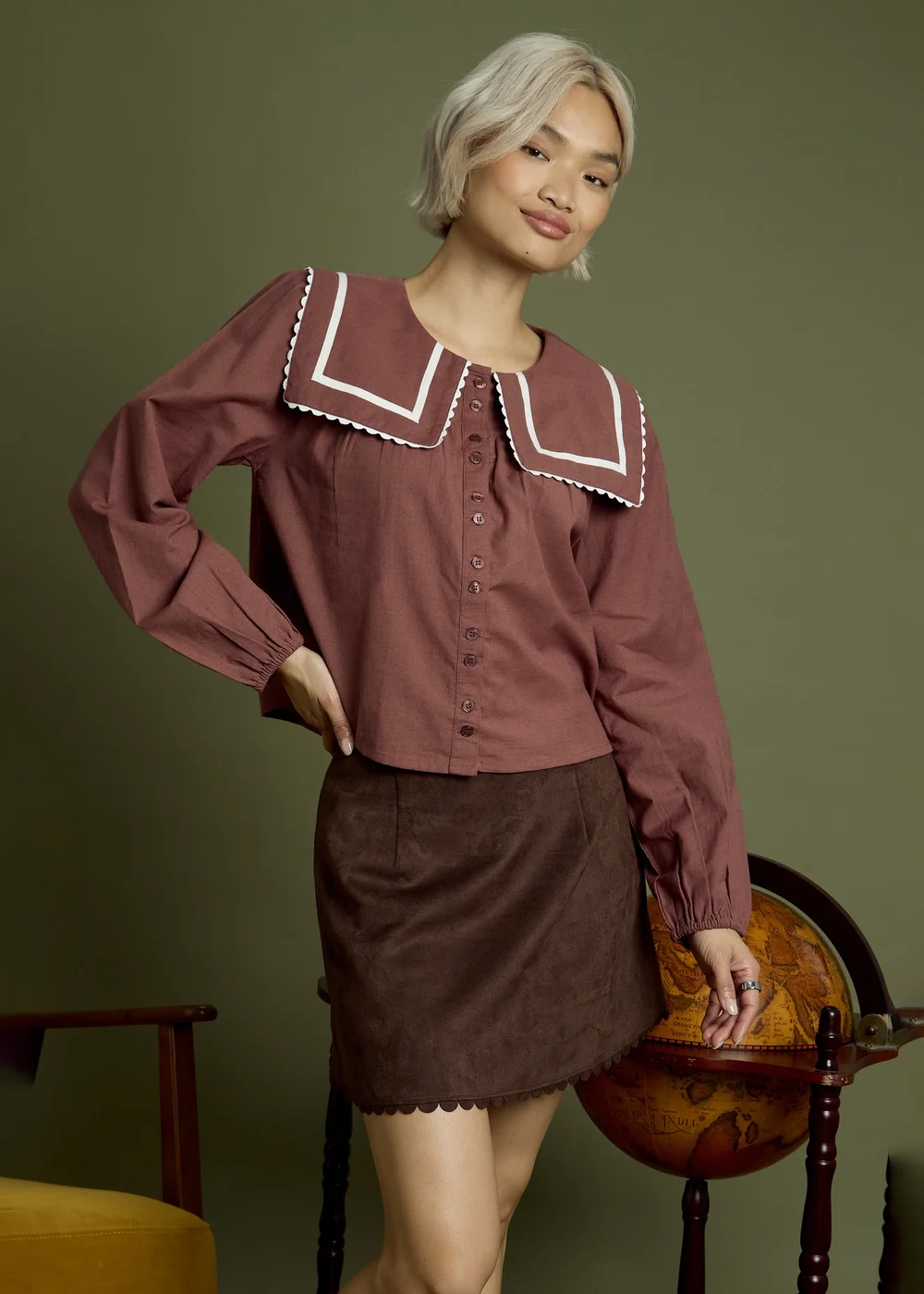 Neon Rose Brown Cotton Balloon Sleeve Smock Blouse - M Image 1