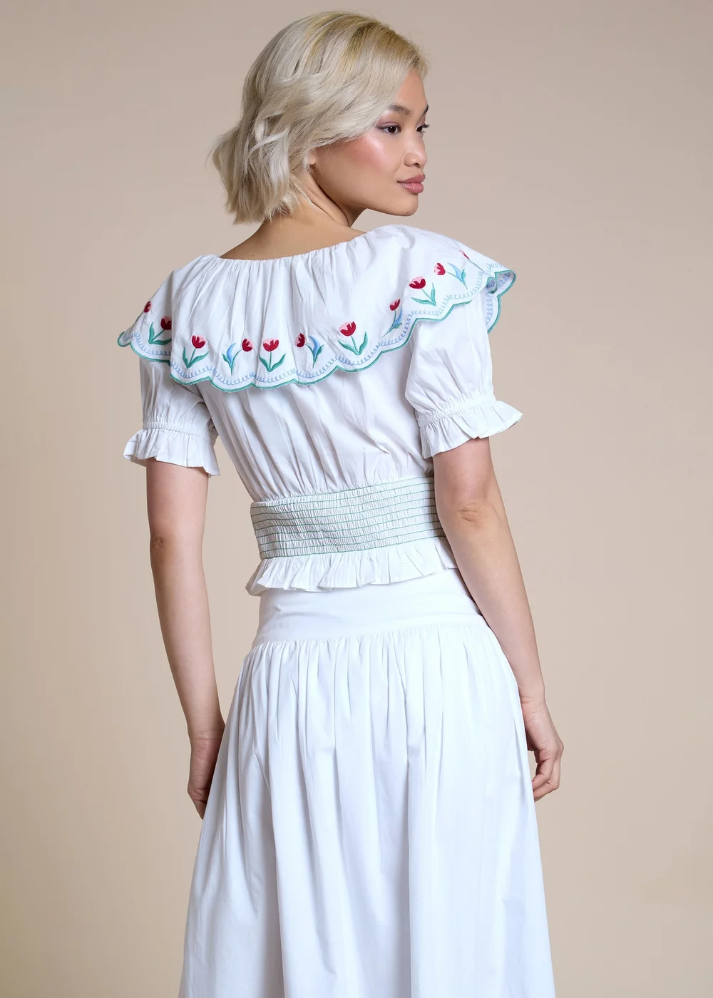 Neon Rose White Cotton Floral Embroidered Shirred Top - XL Image 2