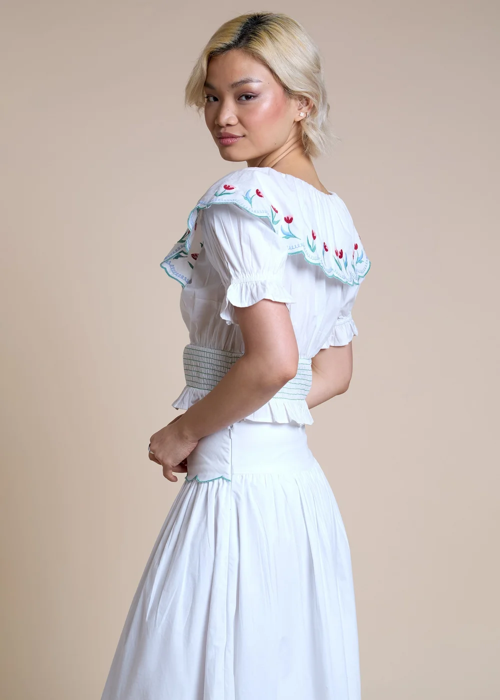 Neon Rose White Cotton Floral Embroidered Shirred Top - XL Image 5