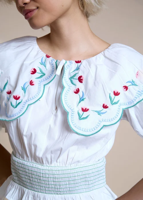 Neon Rose White Cotton Floral Embroidered Shirred Top - XL Image 3