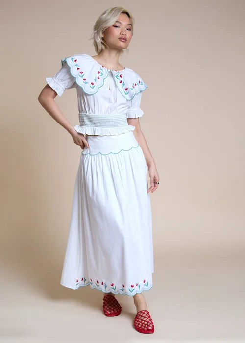 Neon Rose White Cotton Floral Embroidered Shirred Top - XL Image 4