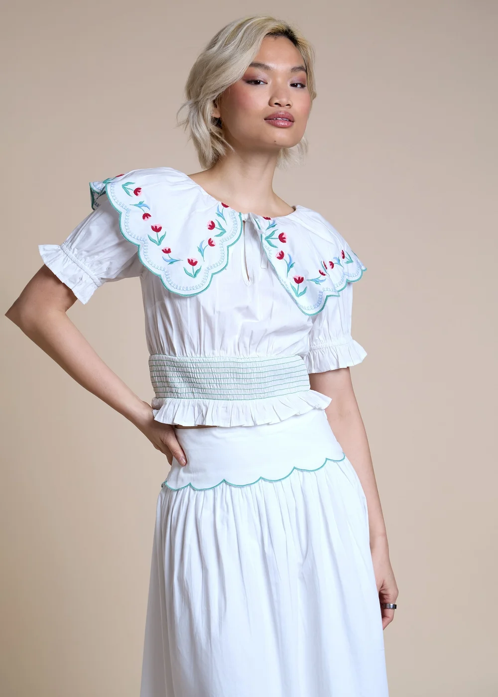 Neon Rose White Cotton Floral Embroidered Shirred Top - XL Image 1