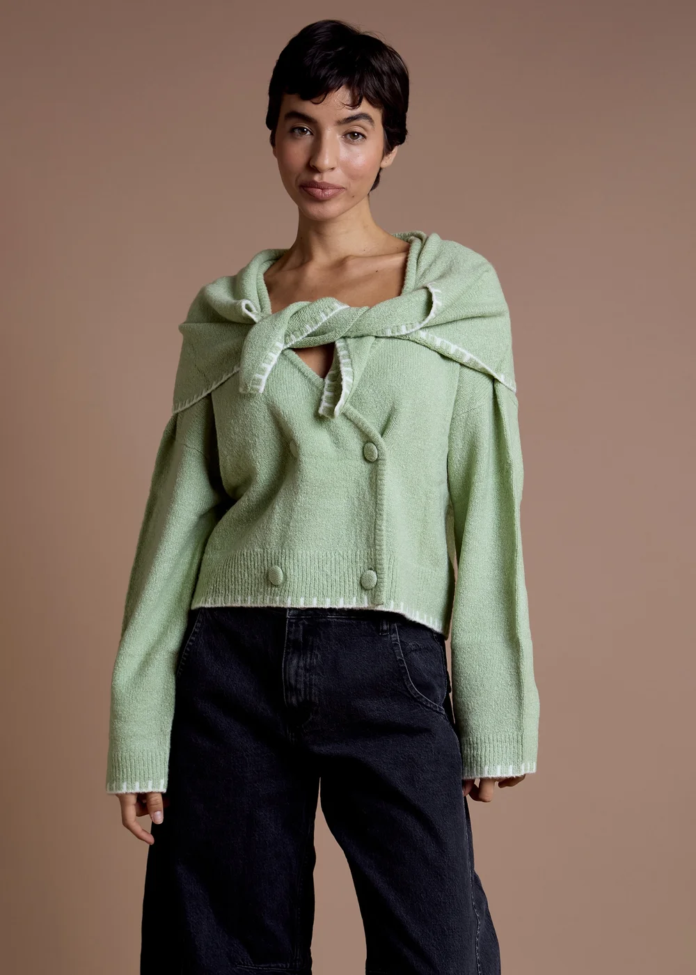 Neon Rose Green Scarf Detail Button-Up Cardigan - XS Image 1