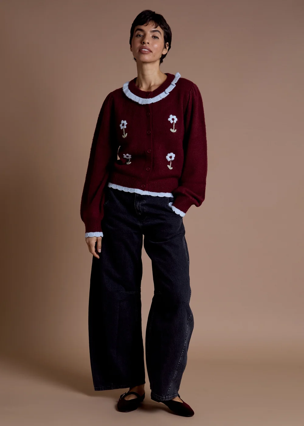 Neon Rose Burgundy Floral Frill Detail Cardigan - XS Image 4
