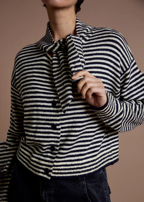 Neon Rose Navy Striped Tie Neck Cardigan - M Image 3