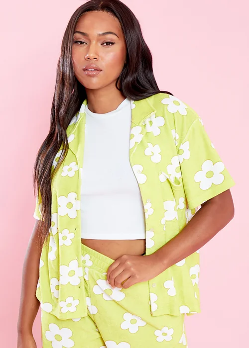 Neon Rose Green Floral Towelling Revere Collar Shirt - 26 Image 4