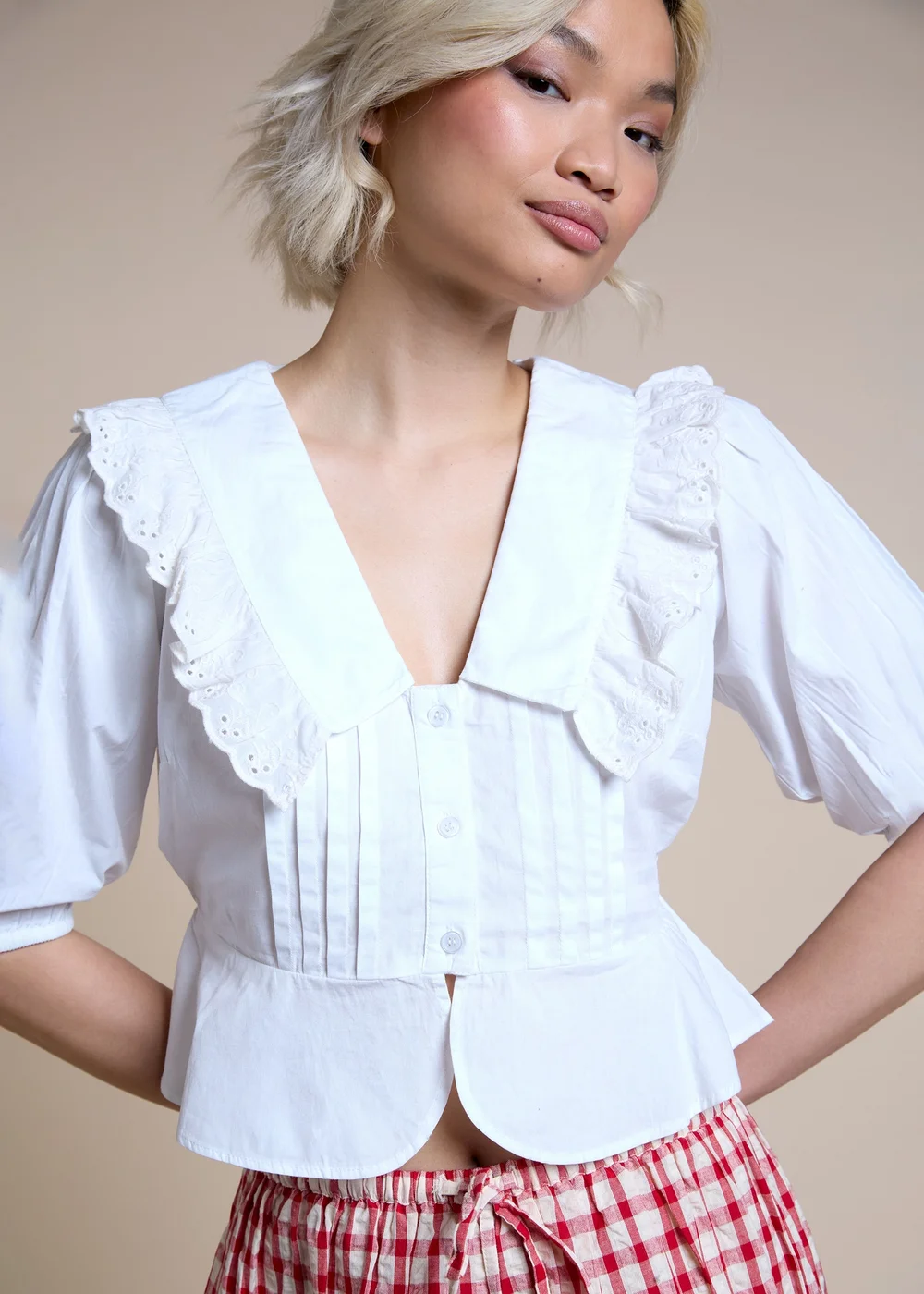 Neon Rose White Cotton Ruffle Collared Blouse - S Image 3