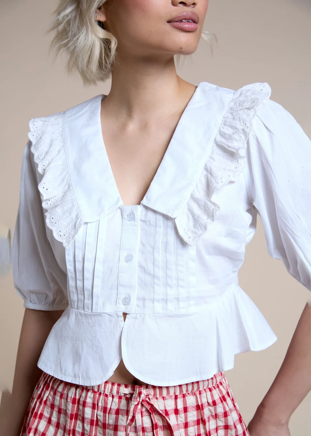 Neon Rose White Cotton Ruffle Collared Blouse - S Image 4