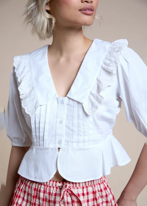 Neon Rose White Cotton Ruffle Collared Blouse - S Image 4