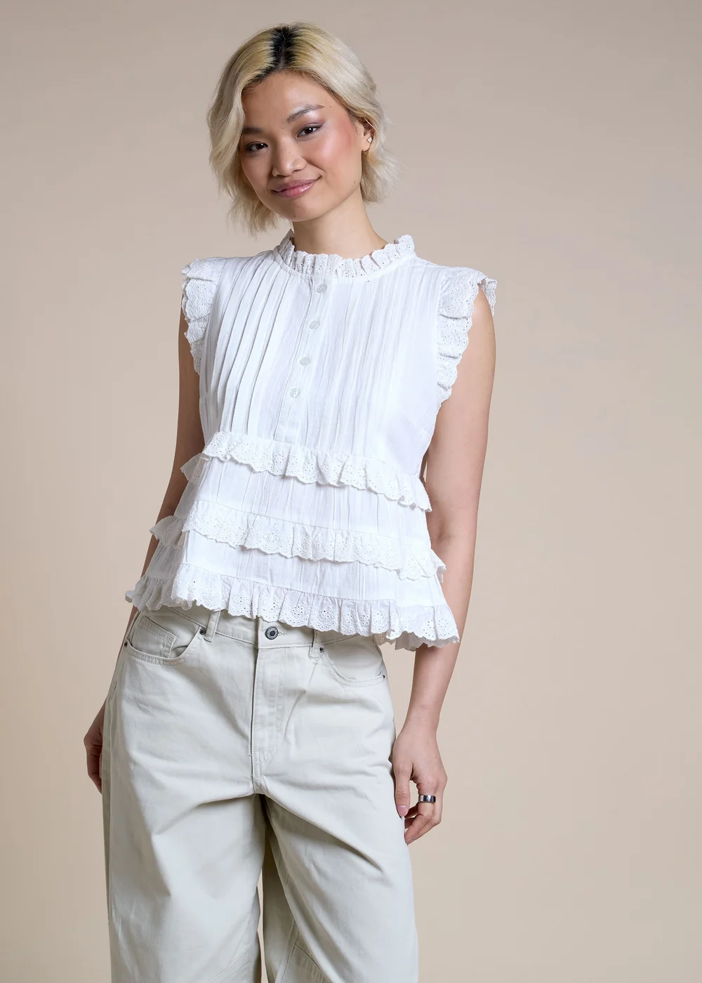Neon Rose White Ruffle Detail Button Up Blouse - XS Image 1