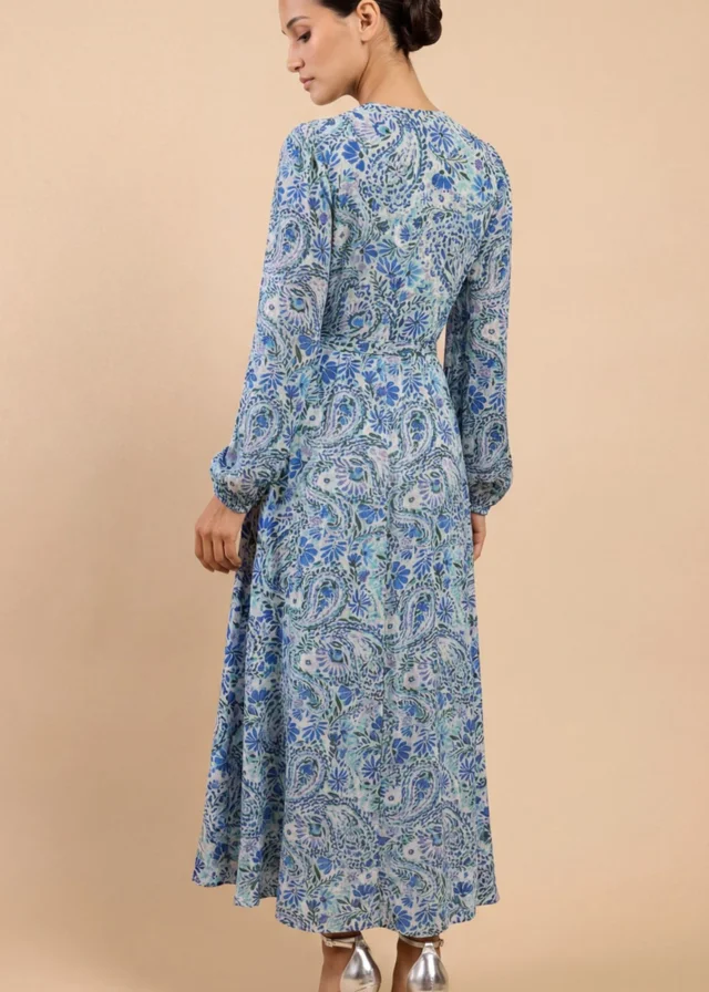 Little Mistress Blue Tropical Print Long Sleeve Wrap Midi Dress