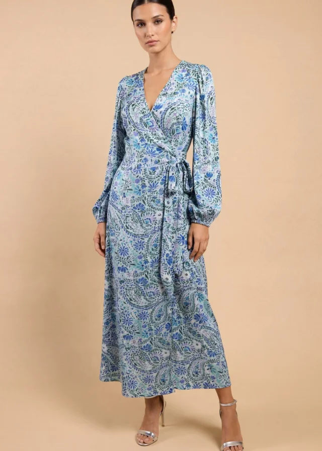 Little Mistress Blue Tropical Print Long Sleeve Wrap Midi Dress