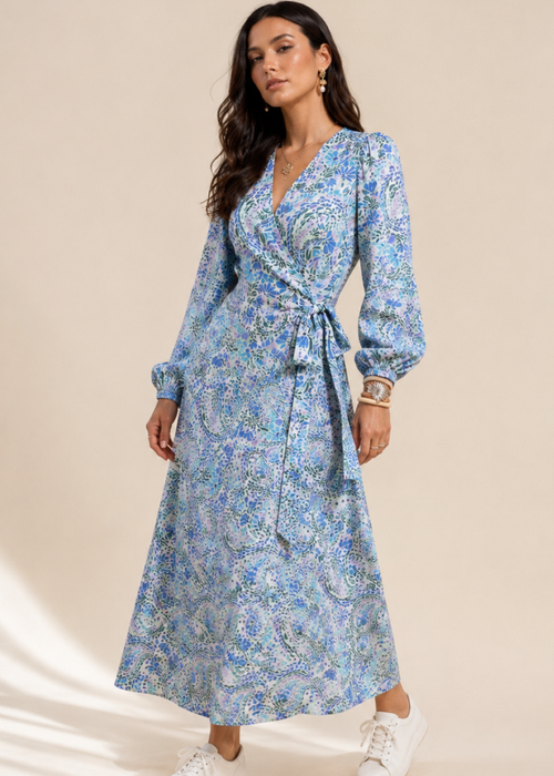 Little Mistress Blue Tropical Print Long Sleeve Wrap Midi Dress - 14 Image 6