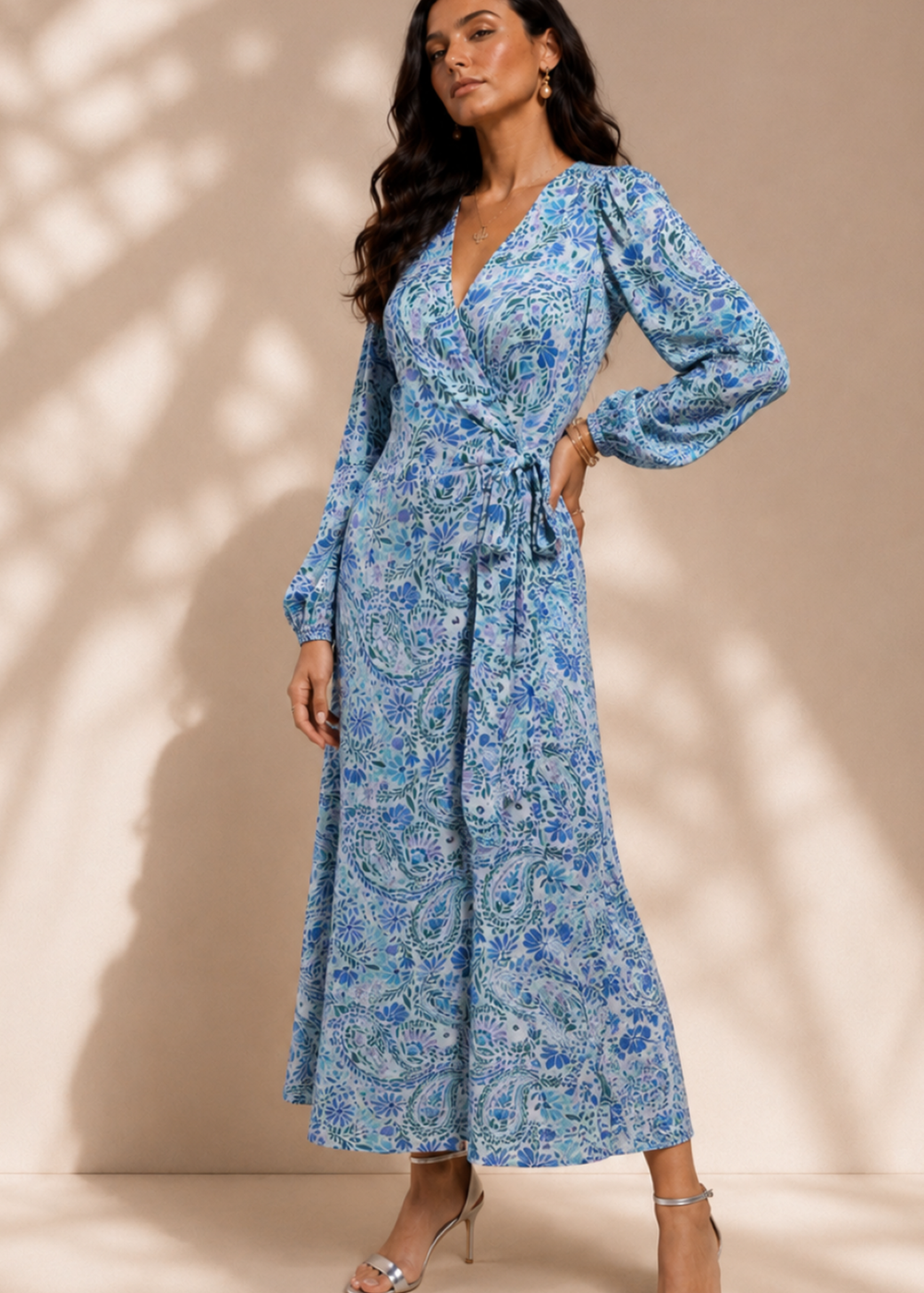 Little Mistress Blue Tropical Print Long Sleeve Wrap Midi Dress - 14 Image 5