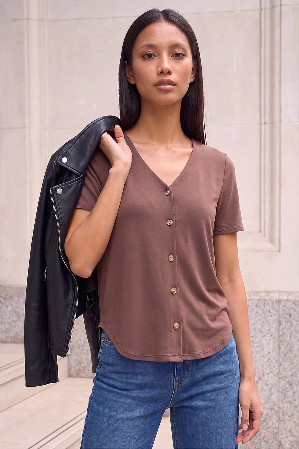 Roman Chocolate Petite V-Neck Buttoned Blouse - 18 Image 1