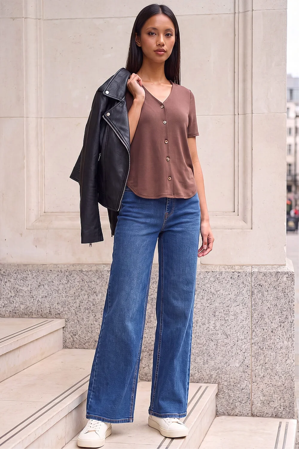 Roman Chocolate Petite V-Neck Buttoned Blouse - 18 Image 2