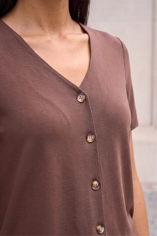 Roman Chocolate Petite V-Neck Buttoned Blouse - 18 Image 4