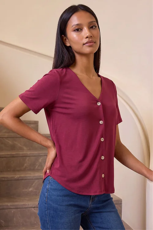Roman Wine Petite V-Neck Buttoned Blouse - 16 Image 1